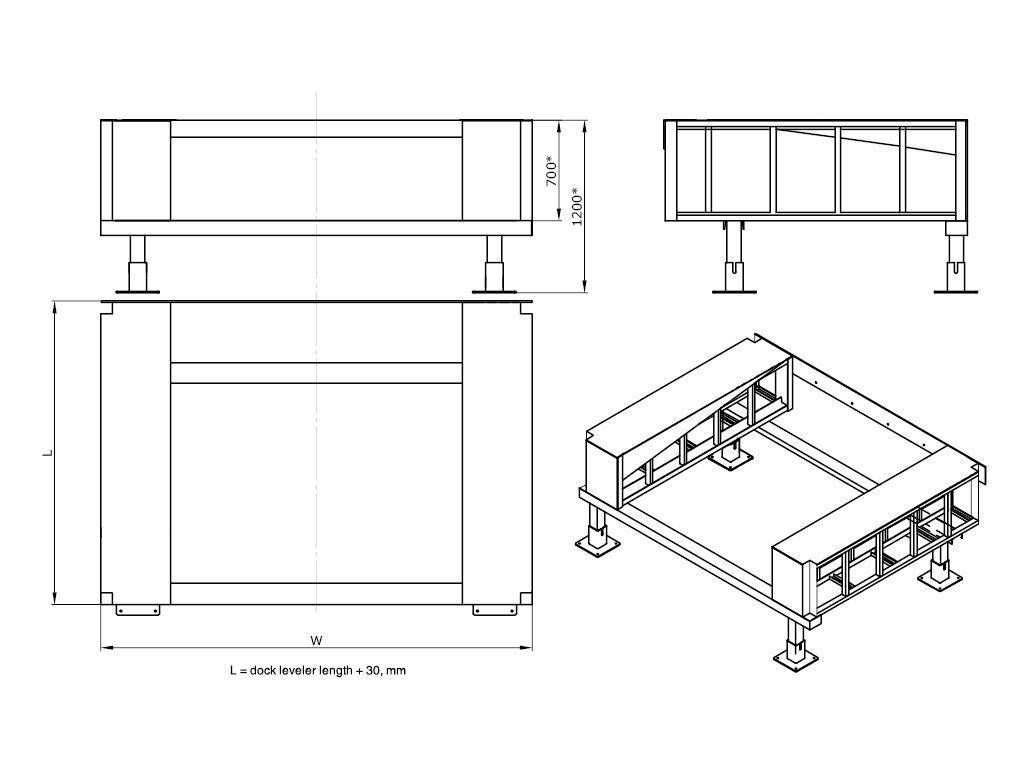 Straight free-standing frame (90°) for an embedded type dock leveler with telescopic lip